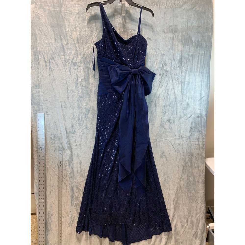Eliza J Womens Navy Blue Sequin One Shoulder Gown with Oversized Bow EJ4M3407 8